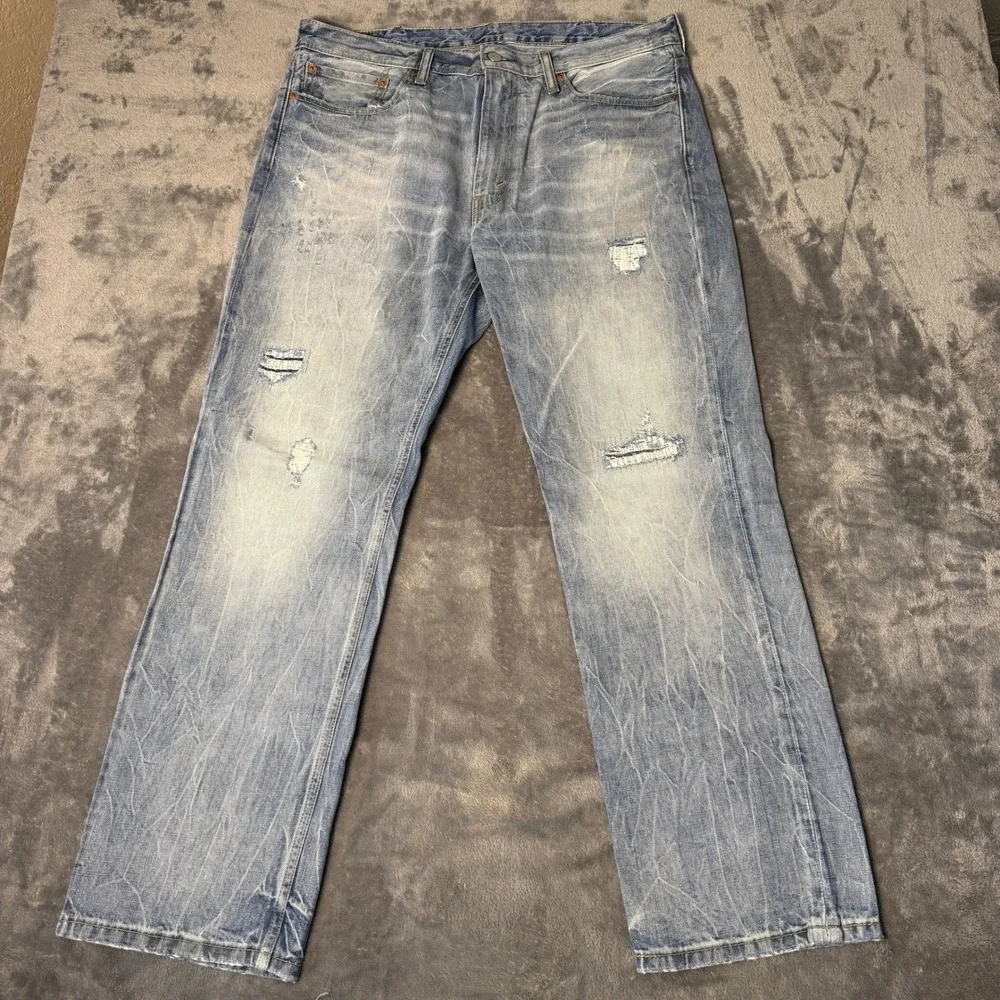 Levis 514 Straight Fit Mens 38x30 Distressed Light Wash Acid Denim Jeans